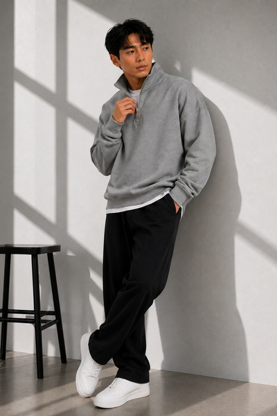 beuivo Unisex Half-Zipper Stand Collar 100% Cotton Soft Textured Sweatshirt Plain Pullover