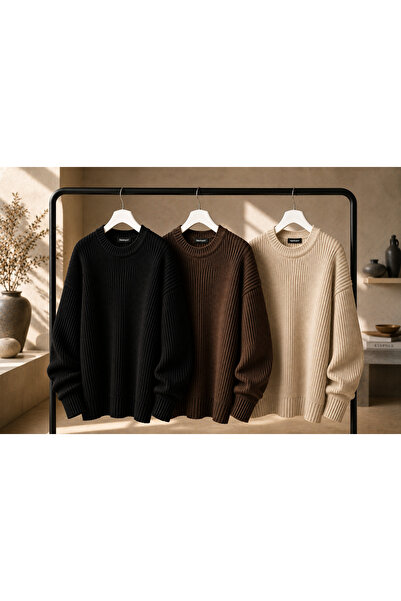 DepoExport Women's 3-Piece Crew Neck Oversize Knitwear Sweater Soft Knitted S...