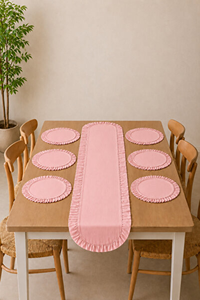KaiHome Ruffle Detailed Linen 50 X 150 Runner & Placemat Set – 7 Piece Dowry ...