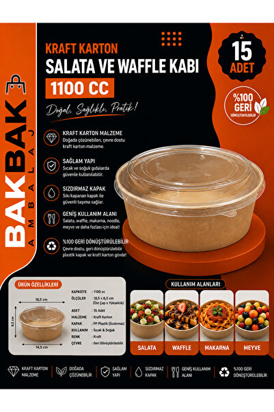 Kraft Karton Salata ve Waffle Kasesi 1100 CC – 15 Adet