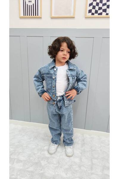 Çocuk 3 Parça Kot Takım Seti Kot Ceket Kot Pantolon Tişört 4-12 Yaş