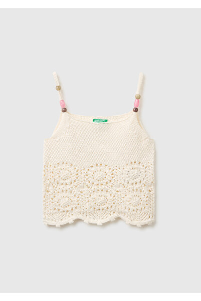 United Colors of Benetton Girl's Ecru Strappy Knitted Undershirt with Bead De...