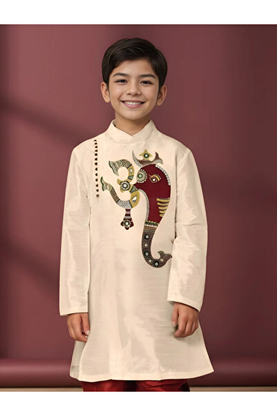 Devoiler Boys Beige Printed Design Art Silk Kurta Set
