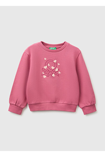 United Colors of Benetton Girl's Fuchsia Front Embroidered Long Sleeve Crew N...