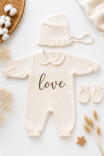 bebeqon 3 Parça %100 Pamuk Müslin Ekru Arkası Çıtçıtlı Love Baskılı Hastane Çıkış Seti 0-3 Ay
