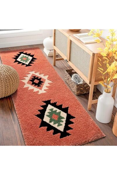 Generic Brand Boho Bathroom Runner Rug, Coral Red Geometric Pattern, Non-Slip...