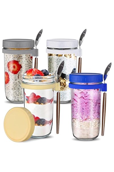 Generic Premify 4 Pack 600ml Overnight Oats Jars with Lids & Spoons, Reusable...