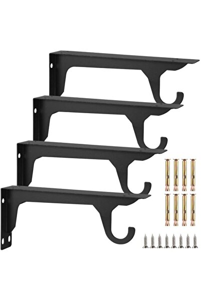 Generic Heavy Duty Closet Rod Brackets with Hook, Wall Mounted Black Steel Sh...