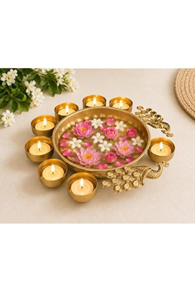 Generic Decorative Peacock Urli Bowl with 8 Diyas for Home Decor, Handcrafted...