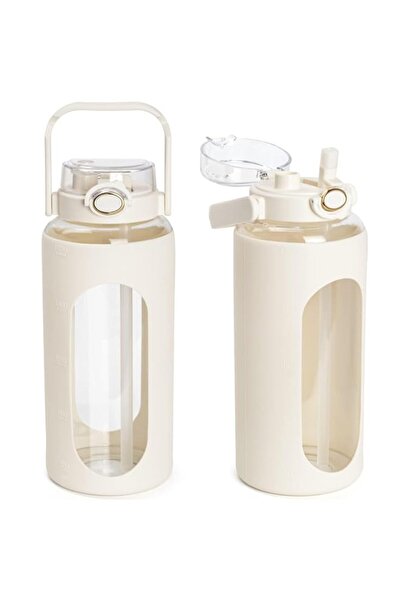 Generic Glass Water Bottle with Straw, Motivational 64oz Glass Bottle with Si...