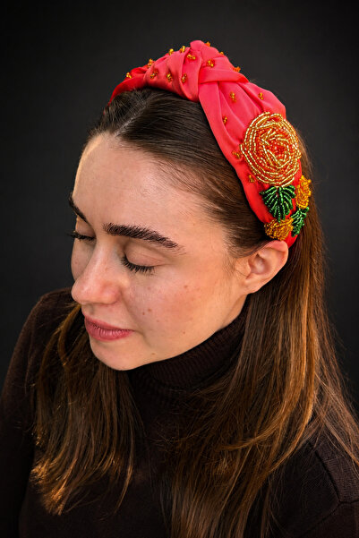 ByMerve Bym Pomegranate Flower Satin Gold Rose Embroidered Women's Hair Crown...