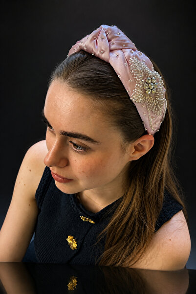 ByMerve Bym Powder Pink Satin Silver Embroidered Women's Hair Crown Evening D...