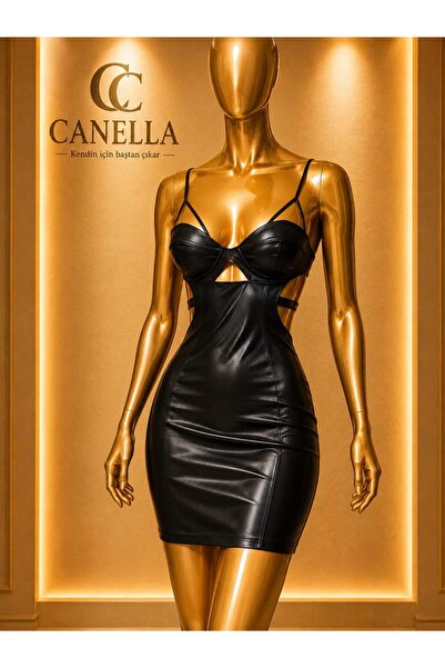 CANELLA SECRET Siyah Deri Fantazi Askılı Elbise