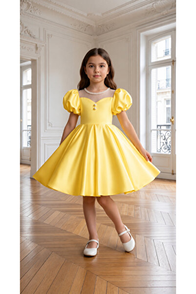 MUSGEM Rochie de seară pentru fete, cu mâneci scurte, galbene, cu mâneci bufa...