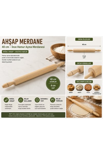 Ms. Iron Ahşap Merdane 40 cm – İnce Hamur Açma Merdanesi – Doğal Ahşap