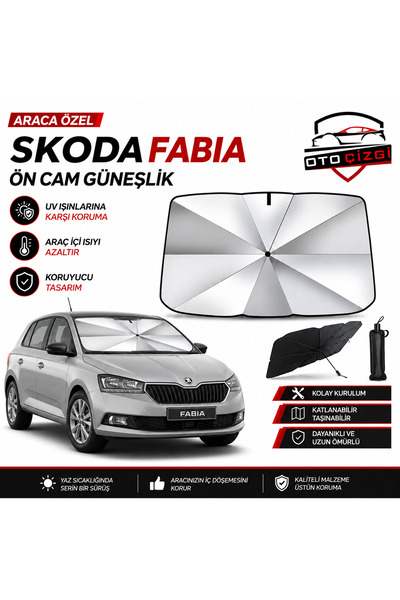 Oto Çizgi Skoda Fabia Şemsiye Tip Ön Cam Güneşliği Katlanabilir UV Korumalı A...