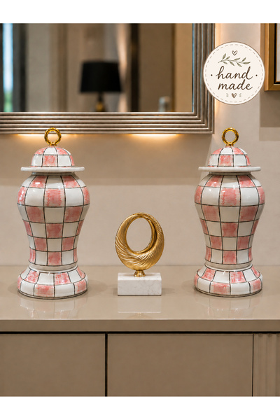 daiza home Dekoratif Obje - Kaideli Kapaklı 2 li Şah Küp Pembe Damalı Gold
