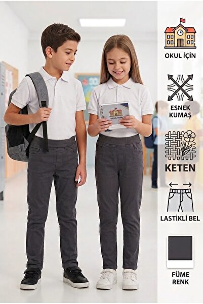 monny Likralı Keten Beli Lastikli Unisex Kız Erkek Okul Pantolonu