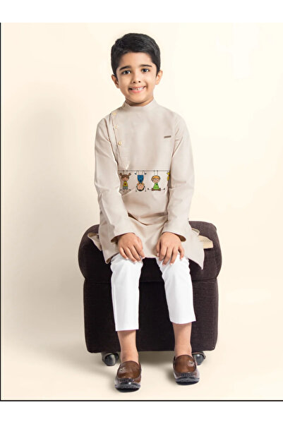 Devoiler Boys Beige Cotton Kurta with Printed Design