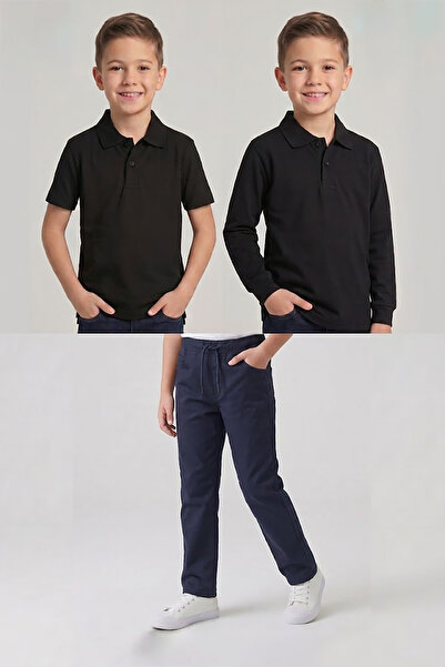 nacar çarşı Boys' School Black Long and Short Sleeve Polo Collar T-Shirt Navy...