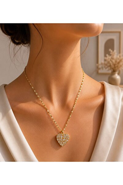 MARE BUTİK Gold Color Steel Necklace with Zircon Stone Heart Figure