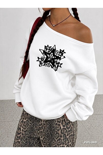 FUFLUNS Stars Mixed Printed Oversized Women's Boat Neck Sweatshirt