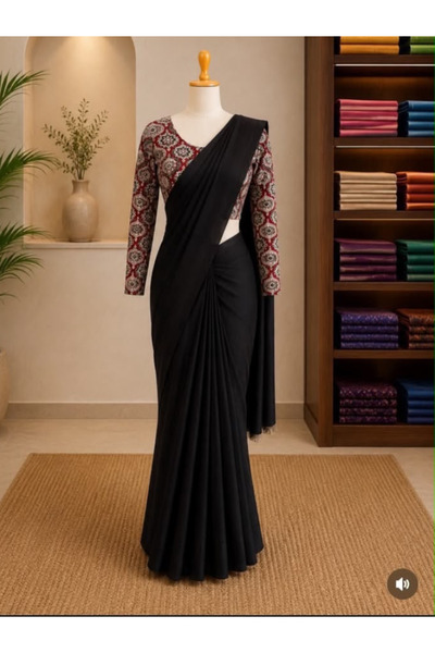 MYSMAR Black Draped Saree with Kalamkari Printed Blouse - EFS9646-Black-Size-0