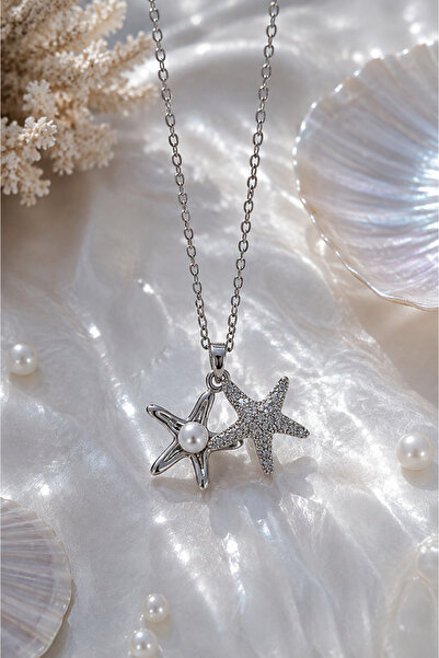 Sylvera Shop Ocean Pearl Pearl Starfish Model Clamshell Steel Necklace (Silve...