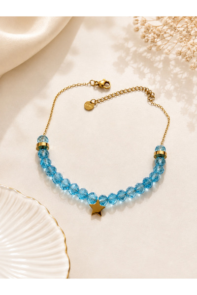 Archhazel Jewelery Blue Crystal Beaded Star Figured Gold Steel Anklet – Adjus...