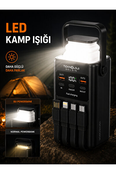Teknoloji Gelsin 30.000 mAh Powerbank 22.5W Hızlı Şarj LCD Ekran 4 Çıkış 4 Kablo Kamp Işıklı Taşınabilir Batarya