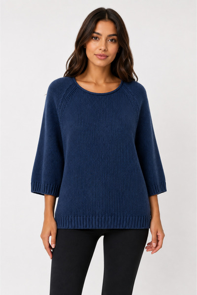 Neden Tekstil Women's Navy Blue Knit Sweater - Relaxed Fit, 3/4 Sleeves