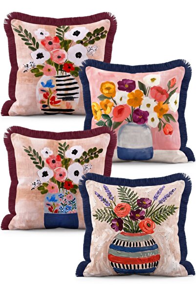 IdeCraft Flower Patterned Oil Painting Effect 4-Piece Fringed Throw Pillow Co...