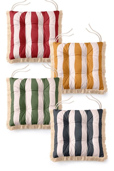 IdeCraft Colorful Thick Striped Fringed Lace-Up 4-Piece Puffy Chair Cushion S...