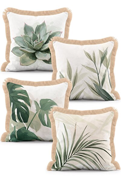 IdeCraft Botanical Succulent and Tropical Leaf Patterned 4-Piece Fringed Thro...