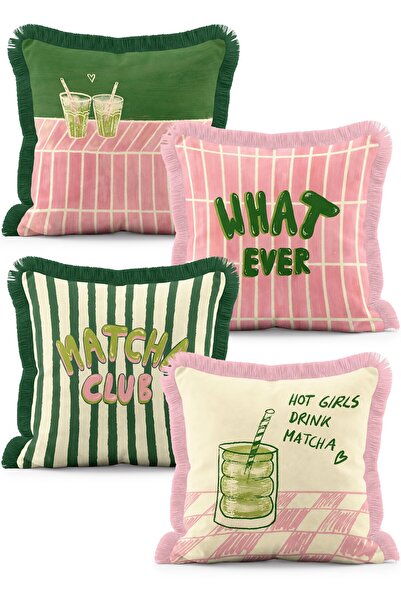 IdeCraft Yeşil Pembe Çizgili ve Ekoseli Matcha Desenli 4'lü Saçaklı Kırlent K...