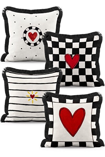 IdeCraft Set of 4 Fringed Throw Pillow Covers with Red Heart Motif and Black ...