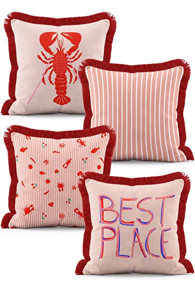 IdeCraft Red Lobster and Best Place Written Striped 4-Piece Fringed Throw Pil...