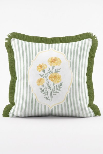 IdeCraft Striped Framed Tulip, Daisy and Floral Patterned 4-Piece Fringed Throw Pillow Cover Set