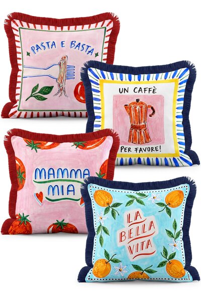 IdeCraft Italian Kitchen Themed Lemon Tomato Pasta and Coffee Patterned 4-Pie...