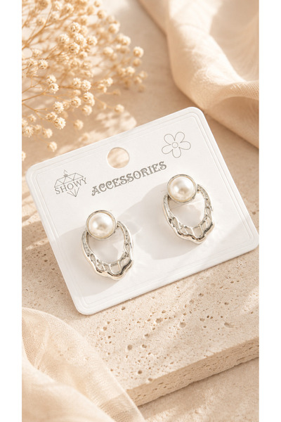 Balevien Oval Metal Pearl Earrings - Silver