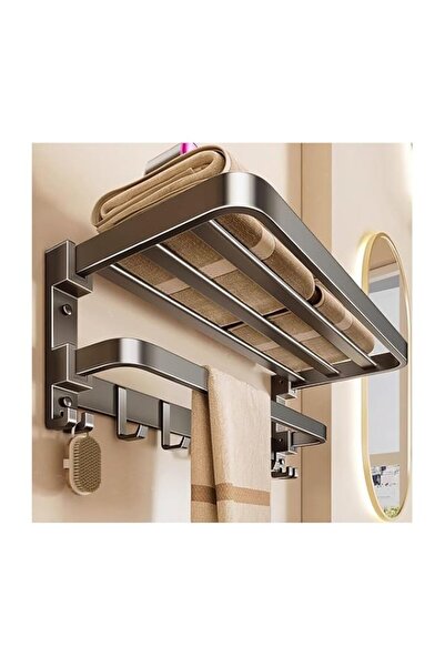 Generic Foldable 2-Tier Towel Rack with Hooks, Gunmetal Gray Wall Mounted Bat...