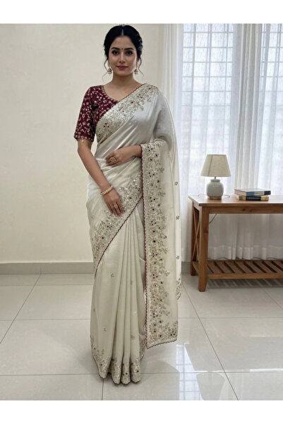 MYSMAR Cream & Maroon Fendy Satin Embroidered Saree Set - KTS9778-Cream-Maroo...