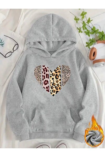 FUFLUNS Leopard Printed Heart Printed Oversize Unisex Women'S/Men's Hooded Sw...