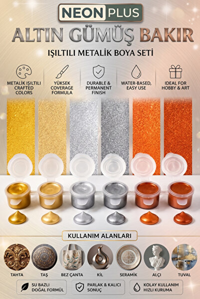NEON PLUS Akrilik Boya 3ml, Metalik Akrilik boya Altın, Gümüş ve Bakır Renk (...