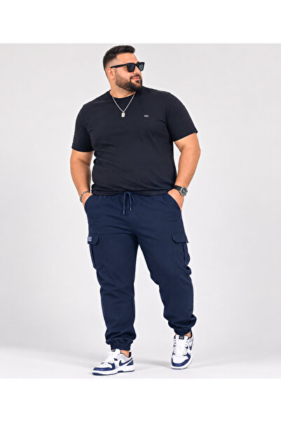 ANNEX Large Size Elastic Waist Lace-Up Cotton Men's Sweatpants with Cargo Poc...