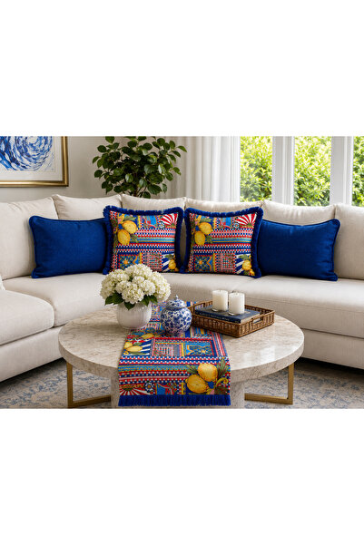 PELİN ABAKA Milano Series, Suede Fabric Saks Fringed 5-Piece Combination Thro...