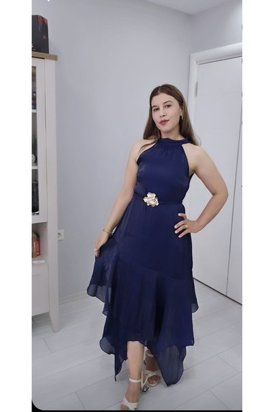 MY GRS Halter Neckline, Asymmetrical Cut Bottom, Layered Detail Chiffon Evening Dress
