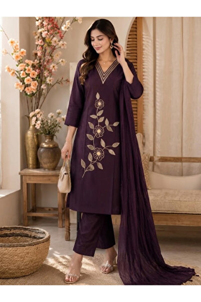 MYSMAR Purple Roman Silk Embroidered Three-Piece Suit - VVB9531 | Purple-Size...
