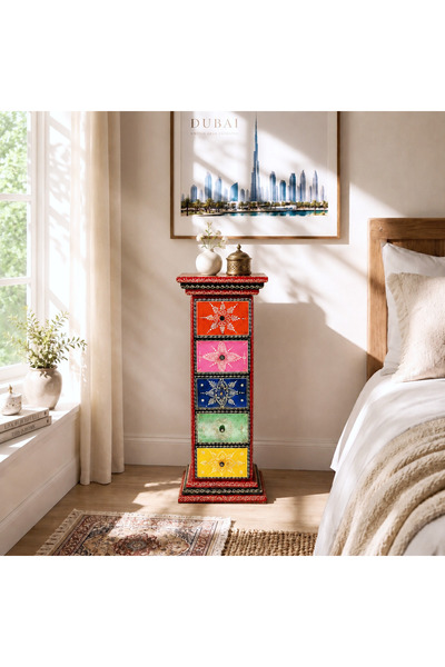 Al Athar Arts Hand Painted Wooden Pillar Table With Storage Drawer{5drawer to...