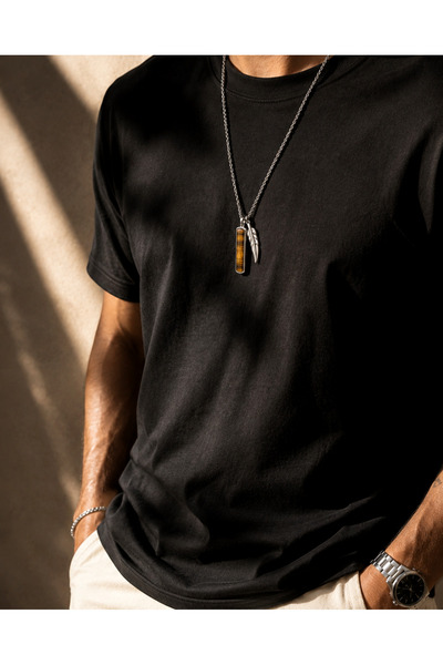higo Men's Stainless Steel Necklace with Natural Stone Feather Detail